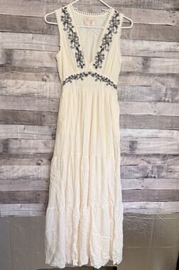 Audrey Parks Francescas Cream Black Embroidered V-Neck Boho Maxi Dress XS